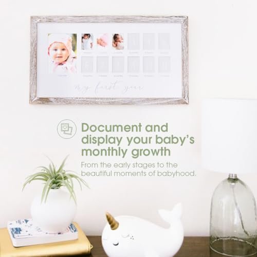 Pearhead My First Year Picture Frame, Baby's First Twelve Months Photo Collage and Gender Neutral Keepsake, Ideal for Baby Shower, New Mom Gift and Nursery Decor, Distressed Wood