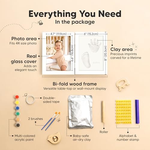 Personalized Baby Hand and Footprint Kit, Quick Dry Clay - Newborn Keepsake Feet and Handprint Kit, Nursery Picture Frame, New Mom Gifts for Baby Showers & Registry (Alpine White)