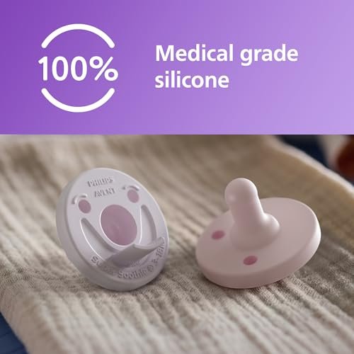 Philips Avent Soothie Orthodontic Baby Pacifiers, 100% Silicone Pacifiers, One Piece, BPA-Free, for Babies 3-18 Months, 2 Lilac and 2 Pink, 4 Pack, Model SCF192/70