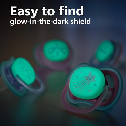 Philips Avent Ultra Air Pacifier - 4 x Light, Breathable Glow-in-The-Dark Baby Pacifiers for Babies Aged 6-18 Months, BPA Free with Sterilizer Carry Case, SCF376/08