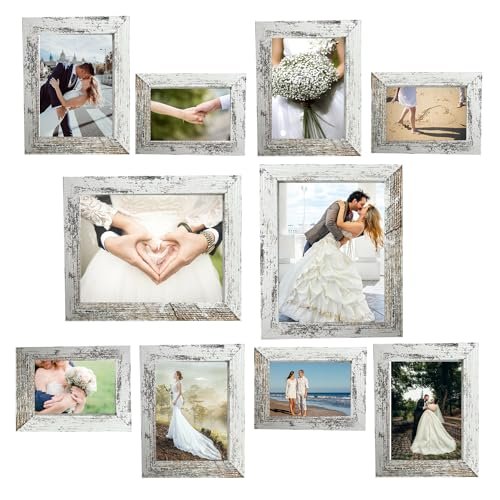 Picture Frame Set 10 pack, Farmhouse Photo Frames, Gallery Wall Frame Collage, 8x10 5x7 4x6 Frames in 3 Different Finishes Picture Frames For Wall or Desk,Rustic White