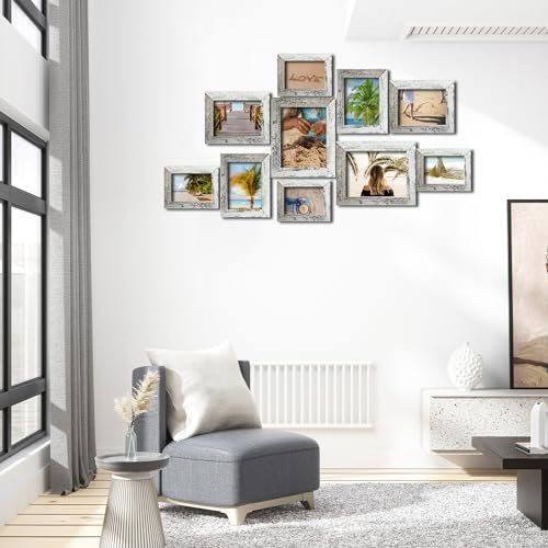 Picture Frame Set 10 pack, Farmhouse Photo Frames, Gallery Wall Frame Collage, 8x10 5x7 4x6 Frames in 3 Different Finishes Picture Frames For Wall or Desk,Rustic White