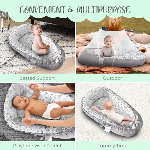 PIERRI Baby Lounger for Newborn with Detachable Mosquito Net - Ultra-Soft Cotton Snuggle Nest Lounger, Reversible Infant Lounger, Double-Sided Baby Nest, Infant Lounger, Baby Lounger for Newborn