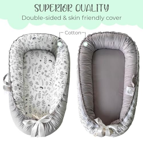 PIERRI Baby Lounger for Newborn with Detachable Mosquito Net - Ultra-Soft Cotton Snuggle Nest Lounger, Reversible Infant Lounger, Double-Sided Baby Nest, Infant Lounger, Baby Lounger for Newborn