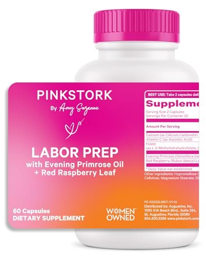 Pink Stork Labor Prep - Evening Primrose Oil Capsules with Red Raspberry Leaf Tea, Gentle Birth & Postpartum Care, Third Trimester Pregnancy Must Haves, 60 Capsules