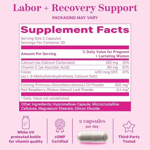 Pink Stork Labor Prep - Evening Primrose Oil Capsules with Red Raspberry Leaf Tea, Gentle Birth & Postpartum Care, Third Trimester Pregnancy Must Haves, 60 Capsules