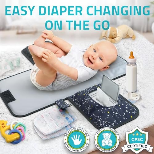 Portable Baby Diaper Changing Pad - w/Soft Built-in Pillow & Strap for Strollers - Comfortable, Lightweight & Waterproof - Made with Premium Materials - Great for Newborn Girls & Boys & for Travel