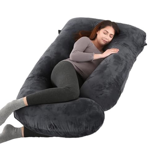 Pregnancy Pillow, Full Body 57 Inch Maternity Pillow with Removable Washable Cover - Sleep Support for Legs, Back, Neck, Shoulder, HIPS, Belly for Pregnent Women, Black Grey Velvet Cover