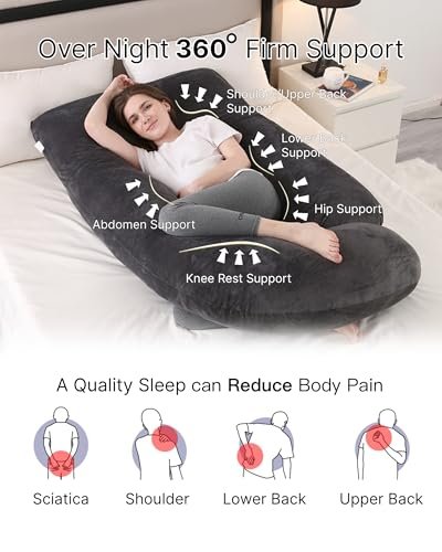 Pregnancy Pillow, Full Body 57 Inch Maternity Pillow with Removable Washable Cover - Sleep Support for Legs, Back, Neck, Shoulder, HIPS, Belly for Pregnent Women, Black Grey Velvet Cover