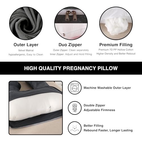 Pregnancy Pillow, Full Body 57 Inch Maternity Pillow with Removable Washable Cover - Sleep Support for Legs, Back, Neck, Shoulder, HIPS, Belly for Pregnent Women, Black Grey Velvet Cover
