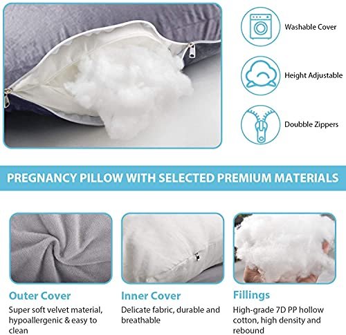 Pregnancy Pillow J-Shaped Full Body Pillow, 59 inch with Velvet Cover Easy to Remove and Wash, Support Pregnant Women's Backs Legs and HIPS, Improve Sleep,Pregnancy Pillow for Women ，Gray