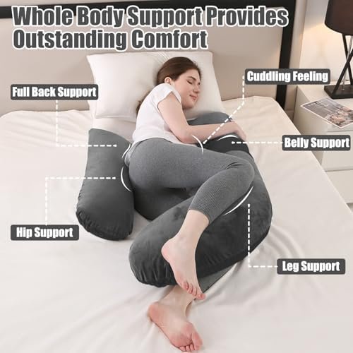 Pregnancy Pillows, Full Body Pillow for Maternity with Detachable & Adjustable Pillow Cover, Support for Back, Legs, Belly, HIPS and Pregnancy Must Haves,Grey