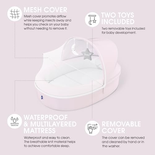 Premium Portable Baby Lounger Nest – Foldable Travel Bassinet for Newborn & Infant with Mesh Canopy, 2 Toys, Waterproof Mattress & Removable Cover – Pink
