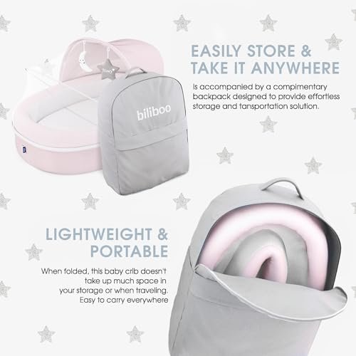 Premium Portable Baby Lounger Nest – Foldable Travel Bassinet for Newborn & Infant with Mesh Canopy, 2 Toys, Waterproof Mattress & Removable Cover – Pink