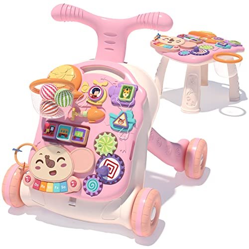 QDRAGON 3 in 1 Baby Walker and Activity Center for Girl, Learning to Walk, Sit to Stand, Early Educational Push Toys with Music Panel for Infant Toddler 12+ Months Pink