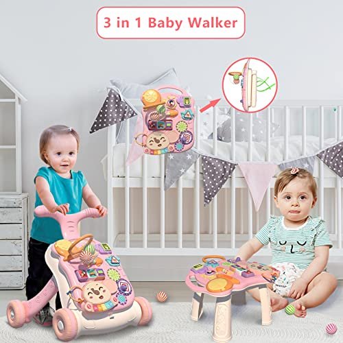 QDRAGON 3 in 1 Baby Walker and Activity Center for Girl, Learning to Walk, Sit to Stand, Early Educational Push Toys with Music Panel for Infant Toddler 12+ Months Pink