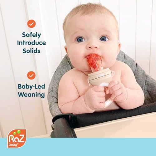 RaZbaby Baby Solids/Frozen Fruit Feeder Pacifier, Infant Teether Toy 6M+, BPA-Free, Safely Introduce Solids, Natural Teething Relief, Dishwasher Safe, Freezable – Blue & Orange 2-Pack
