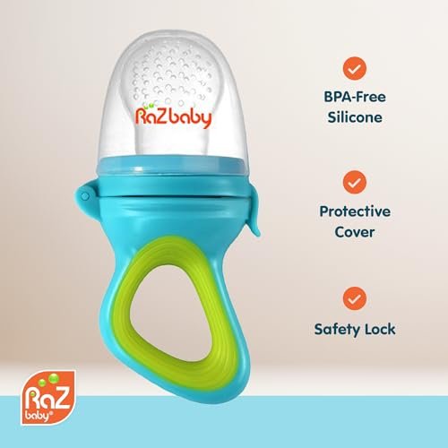 RaZbaby Baby Solids/Frozen Fruit Feeder Pacifier, Infant Teether Toy 6M+, BPA-Free, Safely Introduce Solids, Natural Teething Relief, Dishwasher Safe, Freezable – Blue & Orange 2-Pack