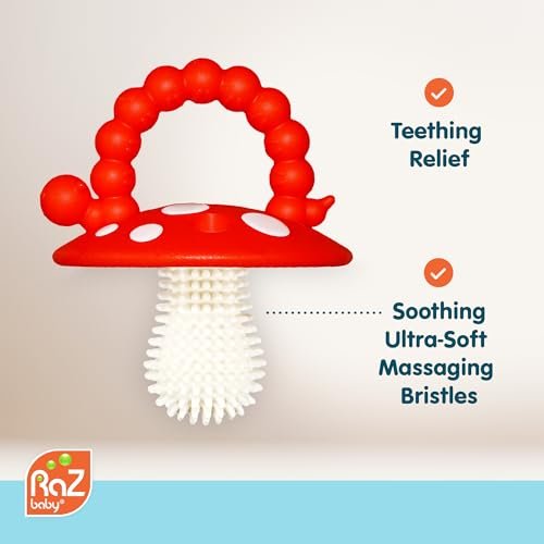 RaZbaby Chompy Teether – Soft Silicone Teething Toy for Infants & Babies 3M+, Massaging Bristles for Teething Relief, Hands-Free & Easy to Hold, Sensory Development, BPA-Free - Great Gift - Red/Blue
