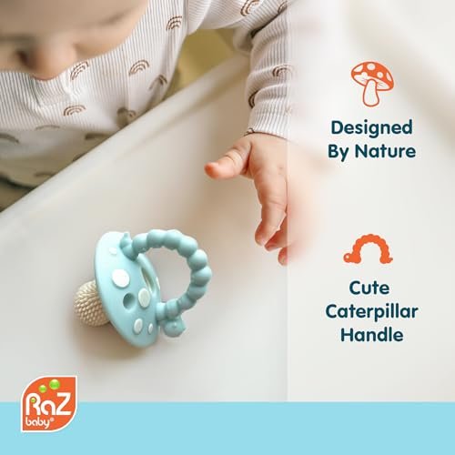 RaZbaby Chompy Teether – Soft Silicone Teething Toy for Infants & Babies 3M+, Massaging Bristles for Teething Relief, Hands-Free & Easy to Hold, Sensory Development, BPA-Free - Great Gift - Red/Blue