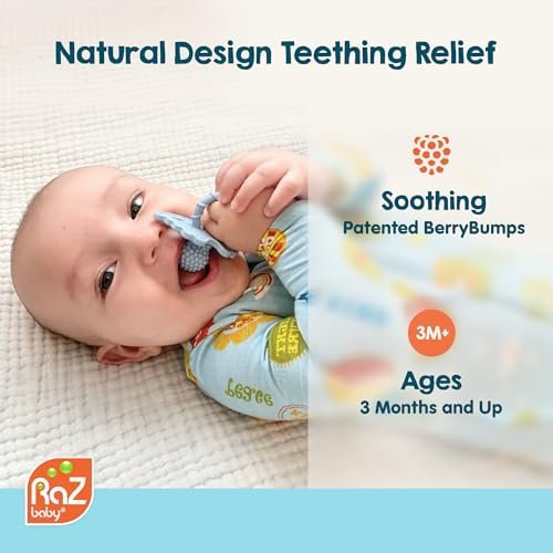 RaZbaby RaZberry Silicone Teether Pacifier – Teething Relief for Infants, Food-Grade, BPA-Free, Hands-Free Design, Natural Berrybumps Fruit Texture for Sensory Development, Freezable – Red