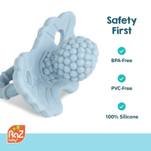 RaZbaby RaZberry Silicone Teether Pacifier – Teething Relief for Infants, Food-Grade, BPA-Free, Hands-Free Design, Natural Berrybumps Fruit Texture for Sensory Development, Freezable – Red