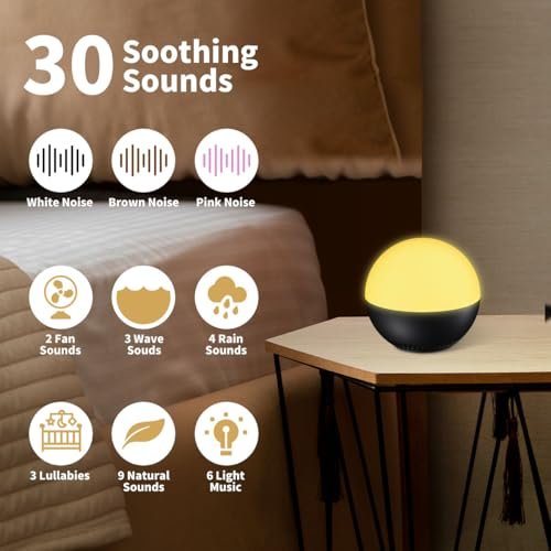 Rechargeable Mini Nursery Night Light Soother Baby Sleep Sound Machine 12 Color Night Lights White Noise Machine with 30 Soothing Sounds Auto-Off Timer Adjustable Brightness for Baby Kids Adult