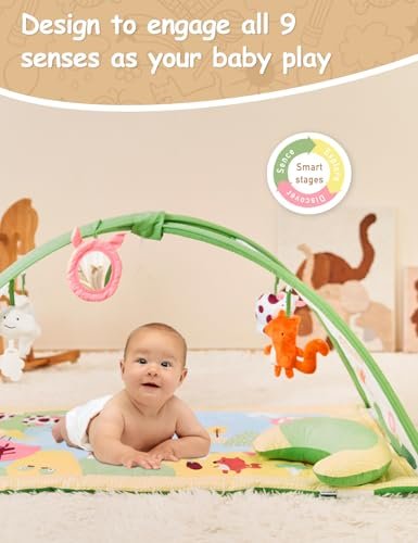 Riverbaby Baby Gym Play Mat, Oversize Play Gym Mat with 6 Detachable Toys Washable Tummy Time Mat Promotes Motor Skills & Sensory Development Baby Activity Gym Mat, Newborn Infant Play Gym 0-12 Months