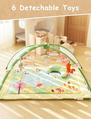 Riverbaby Baby Gym Play Mat, Oversize Play Gym Mat with 6 Detachable Toys Washable Tummy Time Mat Promotes Motor Skills & Sensory Development Baby Activity Gym Mat, Newborn Infant Play Gym 0-12 Months