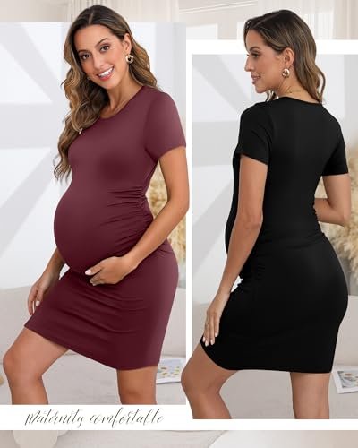 Riyiper 3 Pack Women's Maternity Dresses, Short Sleeve Cotton Pregnancy Dress Side Ruched Crew Neck Knee Length Mama Clothes