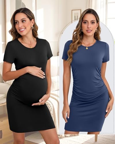 Riyiper 3 Pack Women's Maternity Dresses, Short Sleeve Cotton Pregnancy Dress Side Ruched Crew Neck Knee Length Mama Clothes