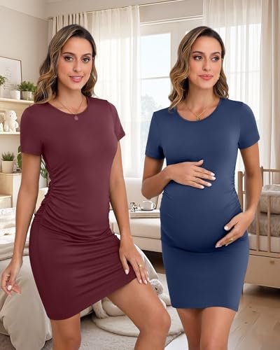 Riyiper 3 Pack Women's Maternity Dresses, Short Sleeve Cotton Pregnancy Dress Side Ruched Crew Neck Knee Length Mama Clothes