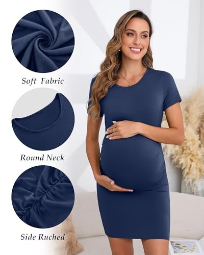 Riyiper 3 Pack Women's Maternity Dresses, Short Sleeve Cotton Pregnancy Dress Side Ruched Crew Neck Knee Length Mama Clothes