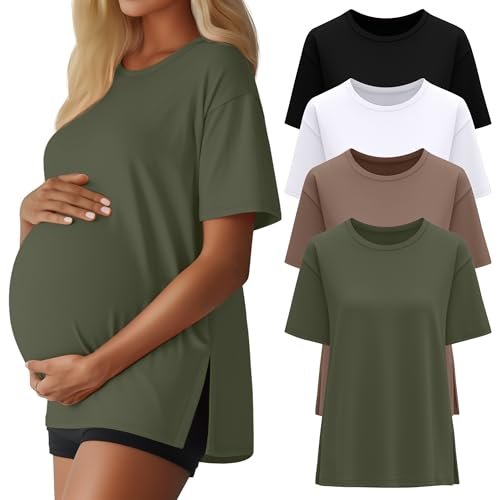 Riyiper 4 Pack Women's Maternity T Shirts, Short Sleeve Split Side Pregnancy Tee Tops Casual Loose Crewneck Maternity Clothes