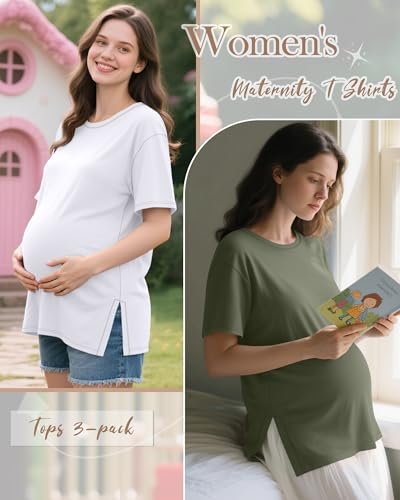 Riyiper 4 Pack Women's Maternity T Shirts, Short Sleeve Split Side Pregnancy Tee Tops Casual Loose Crewneck Maternity Clothes