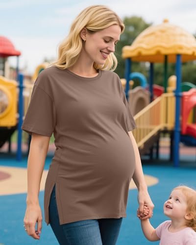 Riyiper 4 Pack Women's Maternity T Shirts, Short Sleeve Split Side Pregnancy Tee Tops Casual Loose Crewneck Maternity Clothes