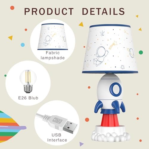 Rocket Lamp, Kids Space Decor with E26 Blub & Shade, White