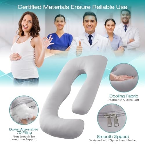Sasttie Pregnancy Pillows for Sleeping, U Shaped Cooling Full Body Pillow with Removable Cover, Pregnant Women Must Haves, Maternity Essential, Light Grey