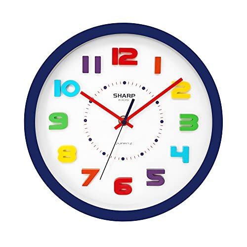 Sharp Colorful Kids Wall Clock 10 Inch Silent Non Ticking Quartz Battery Operated, Easy to Read 3D “Refrigerator Magnet” Style Multi Colored Numbers - Kids Room, Nursery Classroom Office, Blue Case