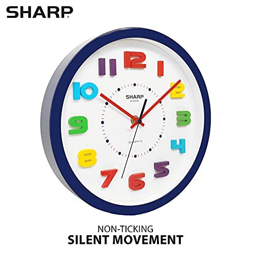 Sharp Colorful Kids Wall Clock 10 Inch Silent Non Ticking Quartz Battery Operated, Easy to Read 3D “Refrigerator Magnet” Style Multi Colored Numbers - Kids Room, Nursery Classroom Office, Blue Case