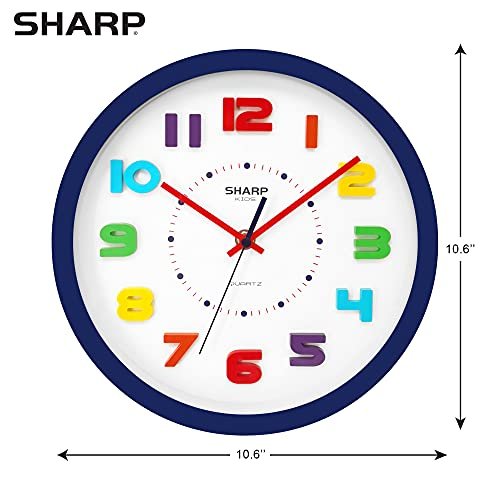 Sharp Colorful Kids Wall Clock 10 Inch Silent Non Ticking Quartz Battery Operated, Easy to Read 3D “Refrigerator Magnet” Style Multi Colored Numbers - Kids Room, Nursery Classroom Office, Blue Case