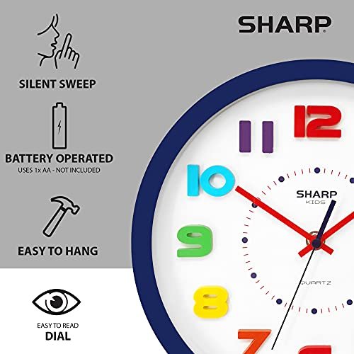 Sharp Colorful Kids Wall Clock 10 Inch Silent Non Ticking Quartz Battery Operated, Easy to Read 3D “Refrigerator Magnet” Style Multi Colored Numbers - Kids Room, Nursery Classroom Office, Blue Case