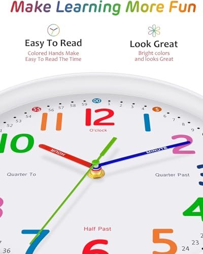 Silent Kids Wall Clock – Non-Ticking, Battery-Powered, Ideal for Teaching Time and Stylish Décor in Any Room - 8 Inch