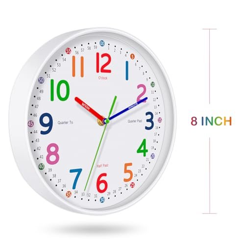 Silent Kids Wall Clock – Non-Ticking, Battery-Powered, Ideal for Teaching Time and Stylish Décor in Any Room - 8 Inch