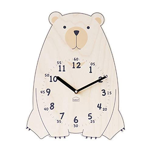 Silent Kids Wall Clock - Non-Ticking, Decorative, Cute Wooden Clock for Nursery, Children, Toddler, Baby Room, Battery Operated - Bear, Unicorn, Owl (Brown Bear)