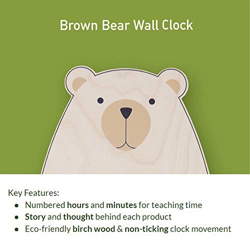 Silent Kids Wall Clock - Non-Ticking, Decorative, Cute Wooden Clock for Nursery, Children, Toddler, Baby Room, Battery Operated - Bear, Unicorn, Owl (Brown Bear)