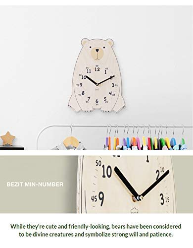 Silent Kids Wall Clock - Non-Ticking, Decorative, Cute Wooden Clock for Nursery, Children, Toddler, Baby Room, Battery Operated - Bear, Unicorn, Owl (Brown Bear)