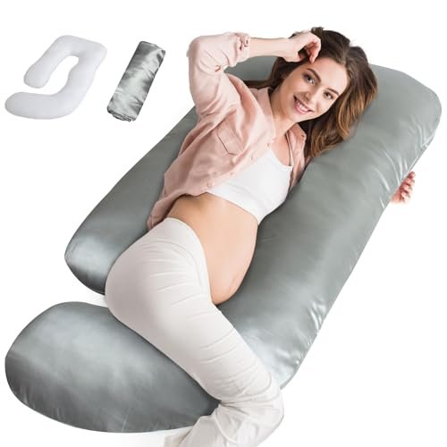 Silky Satin Pregnancy Pillows for Sleeping, U Shaped Cooling Full Body Maternity Pillow with Removable Satin Cover, Support for Back, Legs, Belly, Hip - Body Pillows for Pregnant Women, Grey