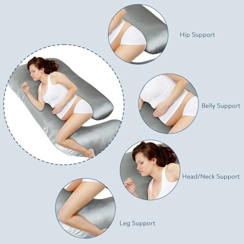 Silky Satin Pregnancy Pillows for Sleeping, U Shaped Cooling Full Body Maternity Pillow with Removable Satin Cover, Support for Back, Legs, Belly, Hip - Body Pillows for Pregnant Women, Grey