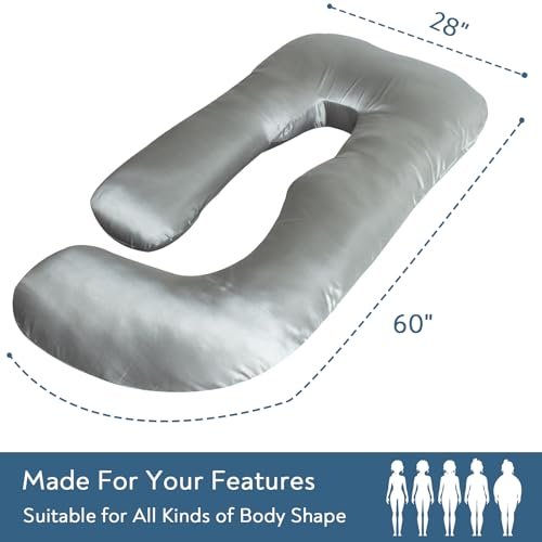 Silky Satin Pregnancy Pillows for Sleeping, U Shaped Cooling Full Body Maternity Pillow with Removable Satin Cover, Support for Back, Legs, Belly, Hip - Body Pillows for Pregnant Women, Grey